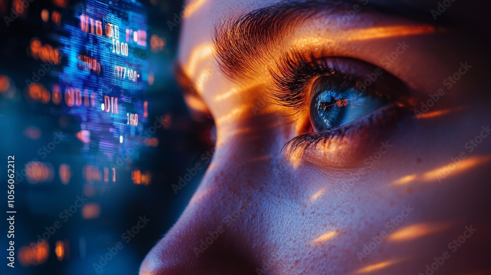 Poster close-up of a woman's eye reflecting data and coding lines
