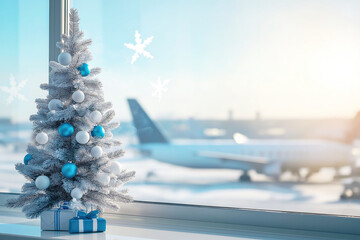 New Year tree with white and blue balls stands at the airport on a blurred background.  free space for text