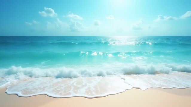 Tropical blues and whites shine on a serene summer beach scene with a backdrop of sparkling waves.
