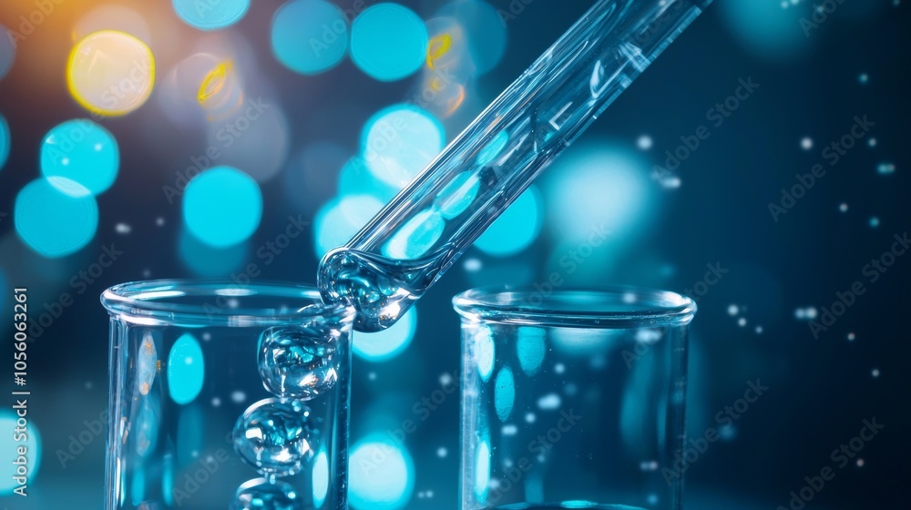 Poster laboratory pipette releasing liquid into test tubes with bokeh