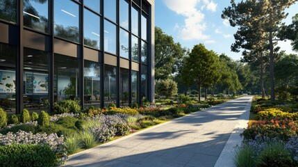 An eco-friendly office building featuring large windows, surrounded by carefully landscaped gardens and a paved sidewalk for easy access.