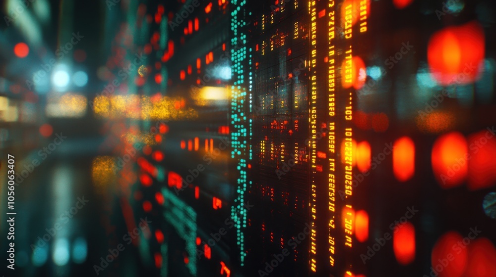 Poster abstract digital data stream with colorful numbers and glowing city lights in the background.