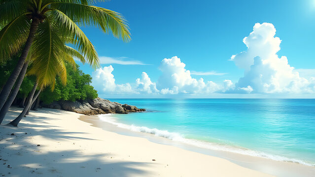 Tropical beach scenes often feature calm water as a serene oceanic backdrop in art and photography.
