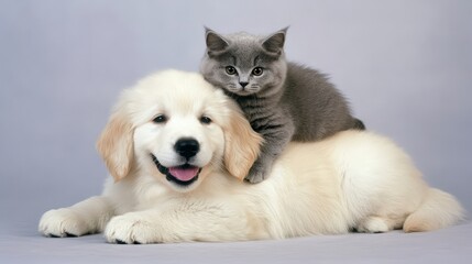 Obraz premium Happy Golden Retriever and Gray Cat Relaxing Together