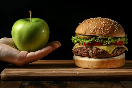 The contrast of nutrition  a green apple versus a hamburger in the battle for healthy eating choices - Powered by Adobe