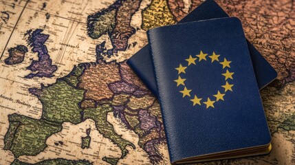 European passports resting on vintage map of Europe