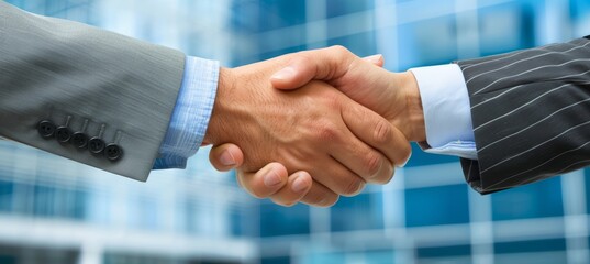 Obraz premium Businessman exchanging handshake in front of corporate office with promotional banner displayed
