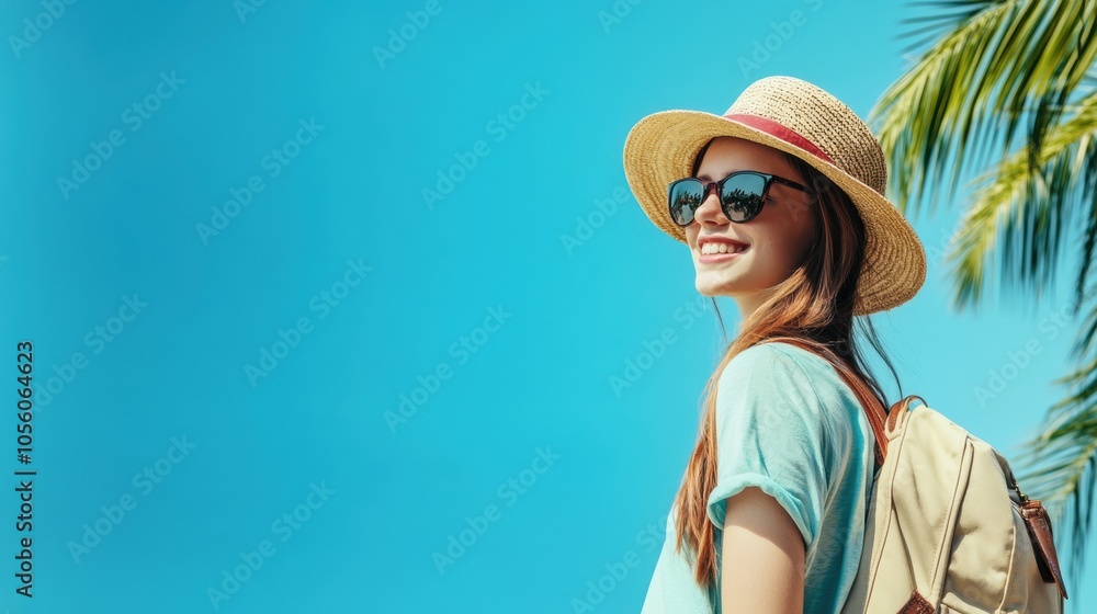 Wall mural a young woman enjoys a sunny day at the beach with her backpack