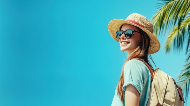 A young woman enjoys a sunny day at the beach with her backpack