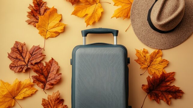 Fall travel essentials with a suitcase and hat on autumn leaves - Powered by Adobe