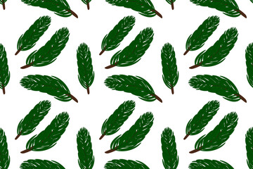 Seamless pattern of green pine branches, perfect for Christmas and New Years holiday designs and winter decorations.
