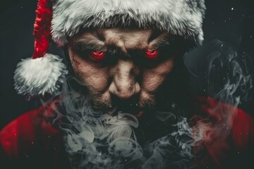 Dark Christmas Portrait of a Sinister Santa Claus with Glowing Eyes and Smoky Background