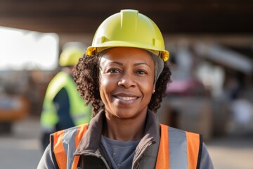Smiling portrait of a middle aged businesswoman on construction site