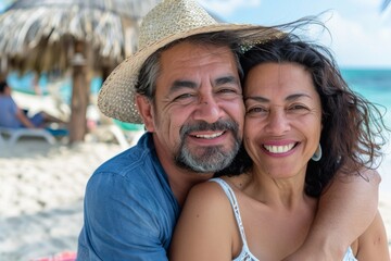 Smiling portrait of a middle aged Hispanic couple on vacation at beach