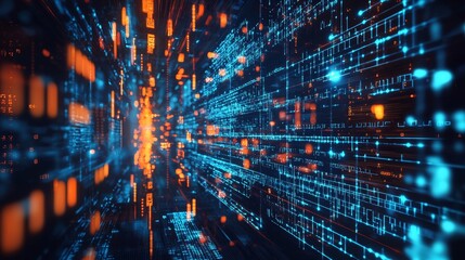 Abstract blue and orange digital data streams in cyberspace