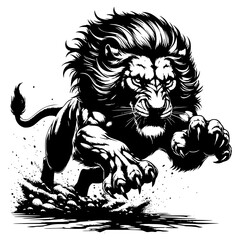 Lion in a powerful pouncing position. Raw power and agility.
