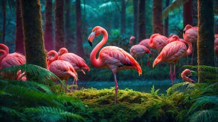 A herd of vibrant flamingos standing gracefully in a lush forest
