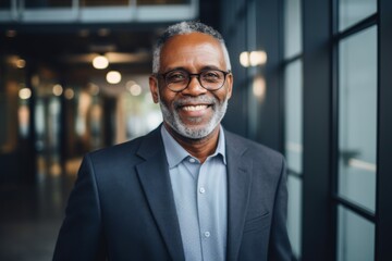 Fototapeta premium Smiling portrait of a senior African American businessman in modern office