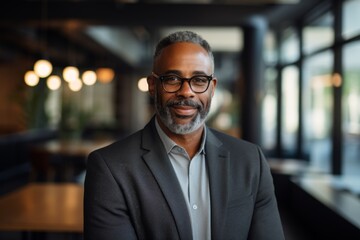 Fototapeta premium Smiling portrait of a senior African American businessman in modern office