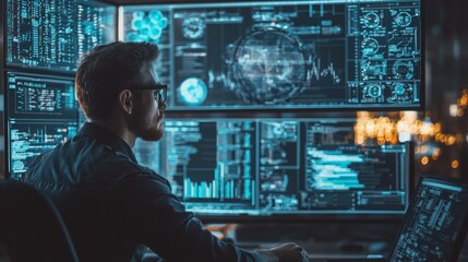 Man analyzing data on multiple futuristic digital screens