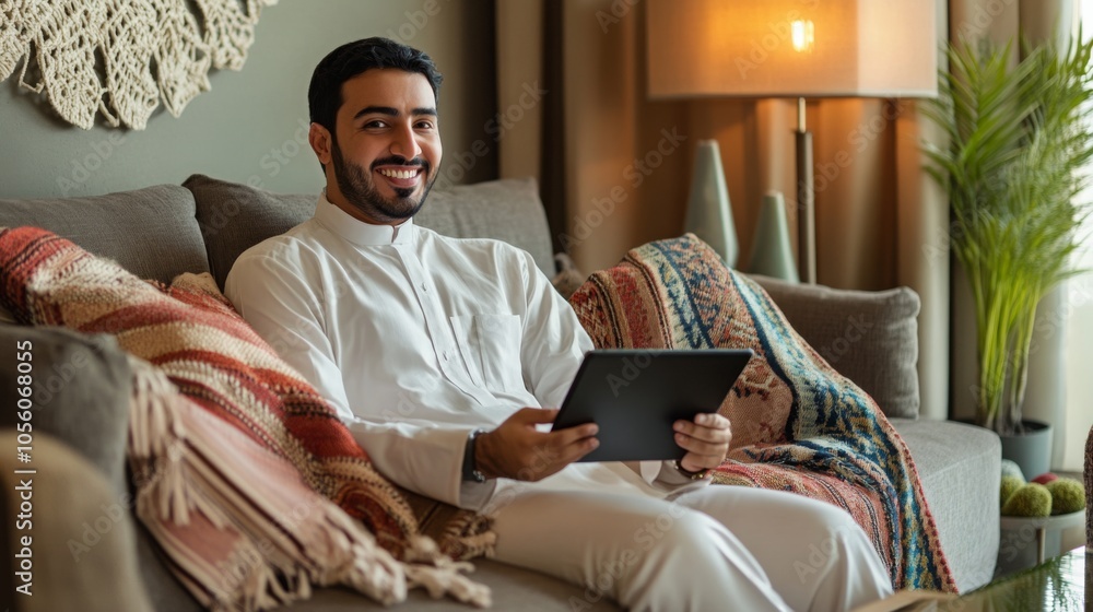 Poster a young man sits on a comfortable couch, smiling as he engages with a tablet. the cozy living room f