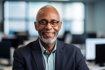 Naklejka premium Smiling portrait of a senior African American businessman in modern office