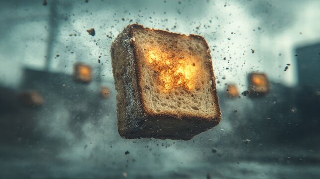 Floating toast illuminated by an explosion against a dark urban skyline during a dramatic weather event