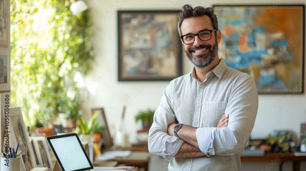 Aufkleber a man with a beard and glasses stands in a home office with his arms crossed and a smile on his face