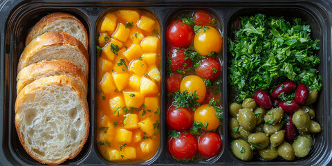 Meal tray with neatly arranged fresh fruit, soup, and bread, all sealed in hygienic wrapping, placed on a sterile surface