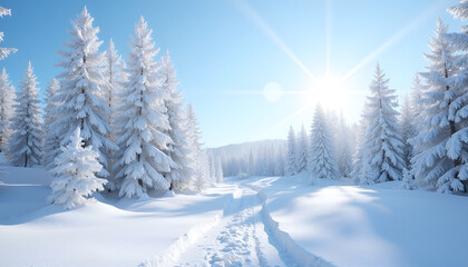 Fototapeta premium Dazzlingly white from fluffy frost winter fits on fresh fluffy snow on which fresh traces of sledge runners are visible. Classic winter postcard landscape. Gentle blue sky and cold radiant sun.