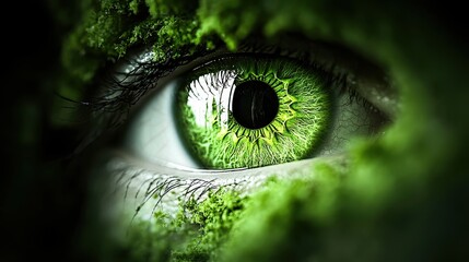 A close-up of a striking green eye surrounded by vibrant moss, emphasizing nature's beauty and intricate details