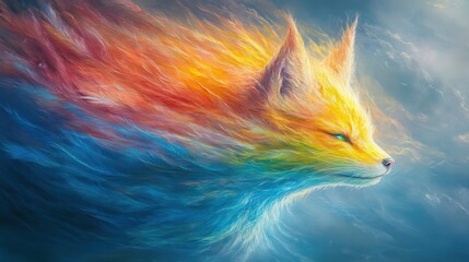 A vibrant, artistic depiction of a fox with flowing colors representing fire and water in a mystical setting