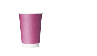 cardboard glass of pink color, for coffee or tea on an isolated white background close up