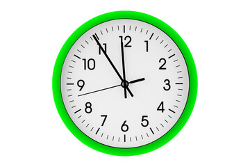 Green watch, wall clock 11 hours 45 minutes on isolated or white background close up