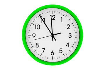 Green watch, wall clock 11 hours 45 minutes on isolated or white background close up