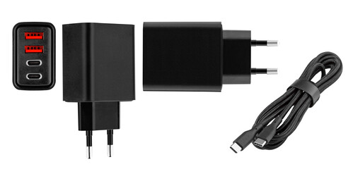 set power adapter, charging adapter with USB and Type-C connector on isolated and white background, close-up