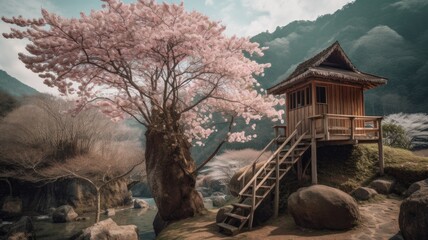 Fototapeta premium idyllic wooden house in a quiet location with cherry blossoms