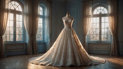 A beautiful wedding dress is elegantly displayed on a mannequin in a room