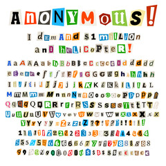 Anonymous color criminal letters cut from newspapers and magazines. Cut out ransom vector letters alphabet. Blackmail or ransom kidnapper anonymous note font. Vector illustration.