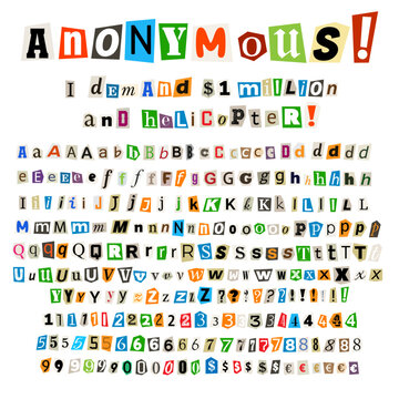 Anonymous color criminal letters cut from newspapers and magazines. Cut out ransom vector letters alphabet. Blackmail or ransom kidnapper anonymous note font. Vector illustration.