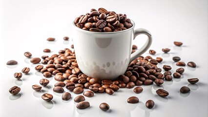 Obraz premium Overflowing Coffee Beans in a white mug scattered, close-up V3
