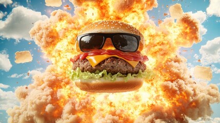 A massive explosion highlights a giant cheeseburger wearing sunglasses against a dramatic backdrop of smoke and clouds