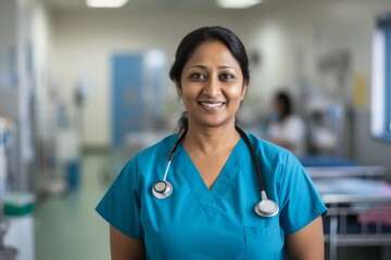 Smiling portrait of a middle aged Indian nurse in hospital