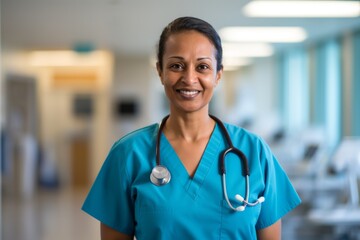 Smiling portrait of a middle aged Indian nurse in hospital