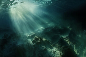 Scenic underwater ocean water view seascape landscape background with sunlight shadows, reflections.