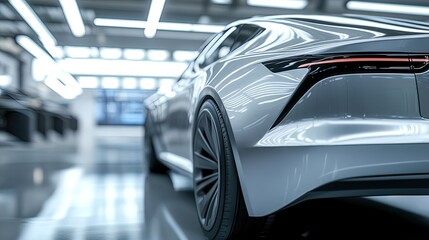 Obraz premium Futuristic Silver Electric Car in Minimalist Garage: A Stunning Poster for Modern Sports Interiors Showcasing High-Tech Design and Innovation