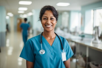 Smiling portrait of a middle aged Indian nurse in hospital