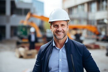 Smiling portrait of a middle aged Caucasian businessman on construction site