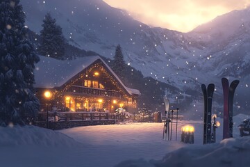 Chalet traditionnel illuminé sous les flocons au crépuscule hivernal

