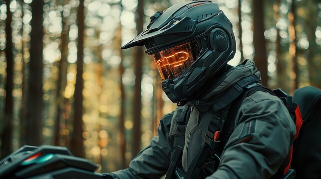 A futuristic rider in a helmet with glowing accents sits on a motorcycle, surrounded by a forest backdrop, showcasing adventure and technology.